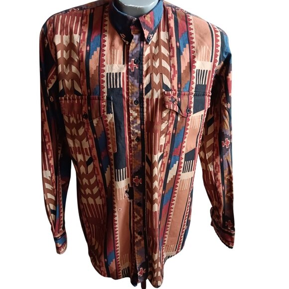 L  Mens Vintage Lone Roo Roper Western Aztec Brushpopper Shirt Distressed 90's - Picture 1 of 9